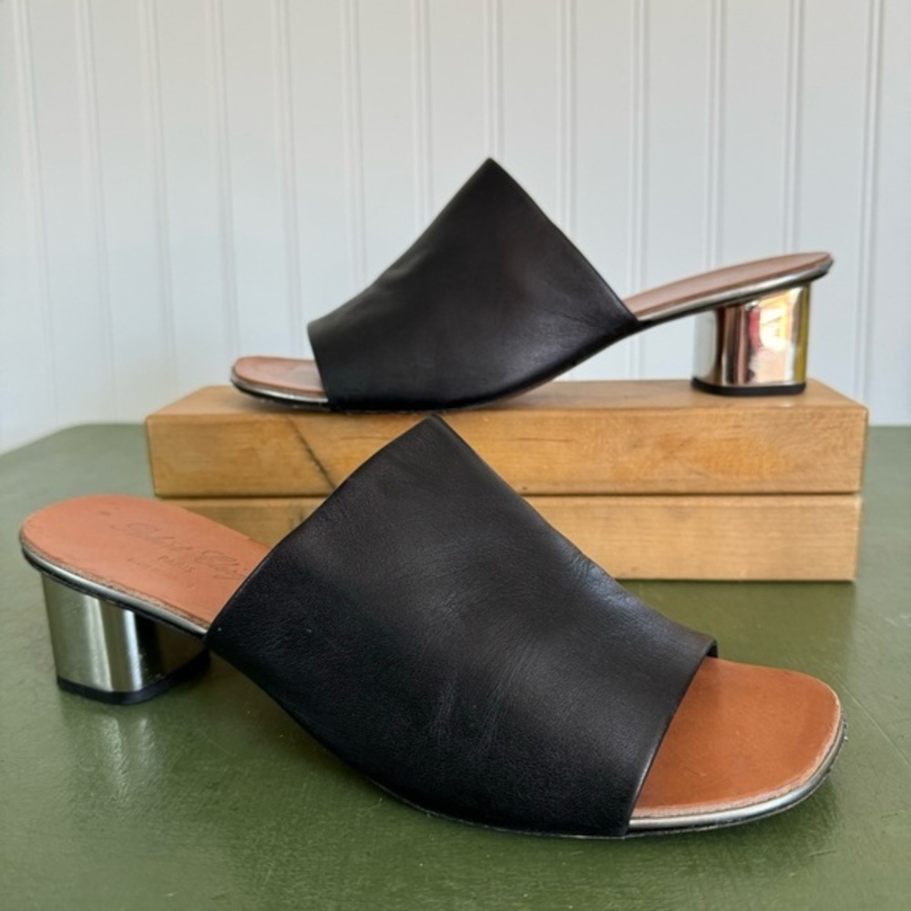 Robert Clergerie Paris Mirror- Heeled Slides in Black Lamb Leather  *France*